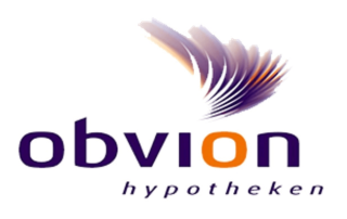 Logo van Obvion hypotheken met gestileerde paarse en oranje vleugel.