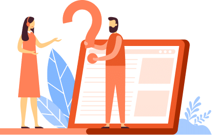 Illustratie van een man en een vrouw die voor een groot computerscherm staan, waarbij de man een groot vraagteken vasthoudt.