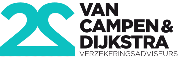 Logo van Van Campen & Dijkstra Verzekeringsadviseurs met een turquoise symbool en zwarte tekst.