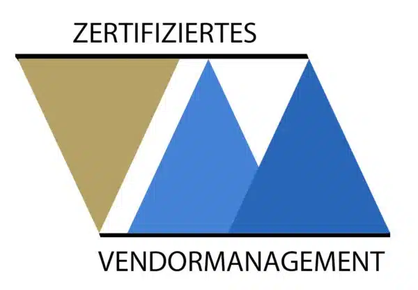 Logo mit der Aufschrift "Zertifiziertes Vendormanagement", bestehend aus einem stilisierten gold-blau-weißen Dreieck-Design