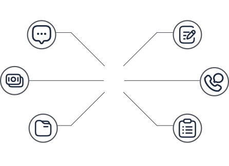 Schematische Grafik eines Netzwerks mit sechs Symbolen, die unterschiedliche Dienstleistungsbereiche darstellen, verbunden mit einem zentralen Punkt.