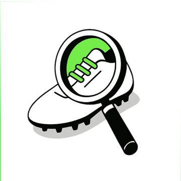 Lente d'ingrandimento che ingrandisce una scarpa da calcio bianca con sfondo verde.