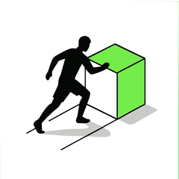 Sagoma nera di una persona che spinge un cubo verde e bianco simboleggiando lo sblocco del potenziale.