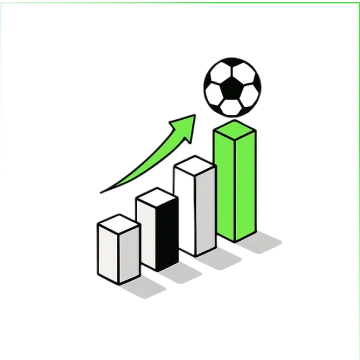 Grafico a barre crescente con una freccia verde che sale verso un pallone da calcio sopra l'ultima barra verde.