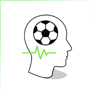 Sagoma di un profilo umano con un pallone da calcio all'interno della testa e un tracciato verde di battito cardiaco.