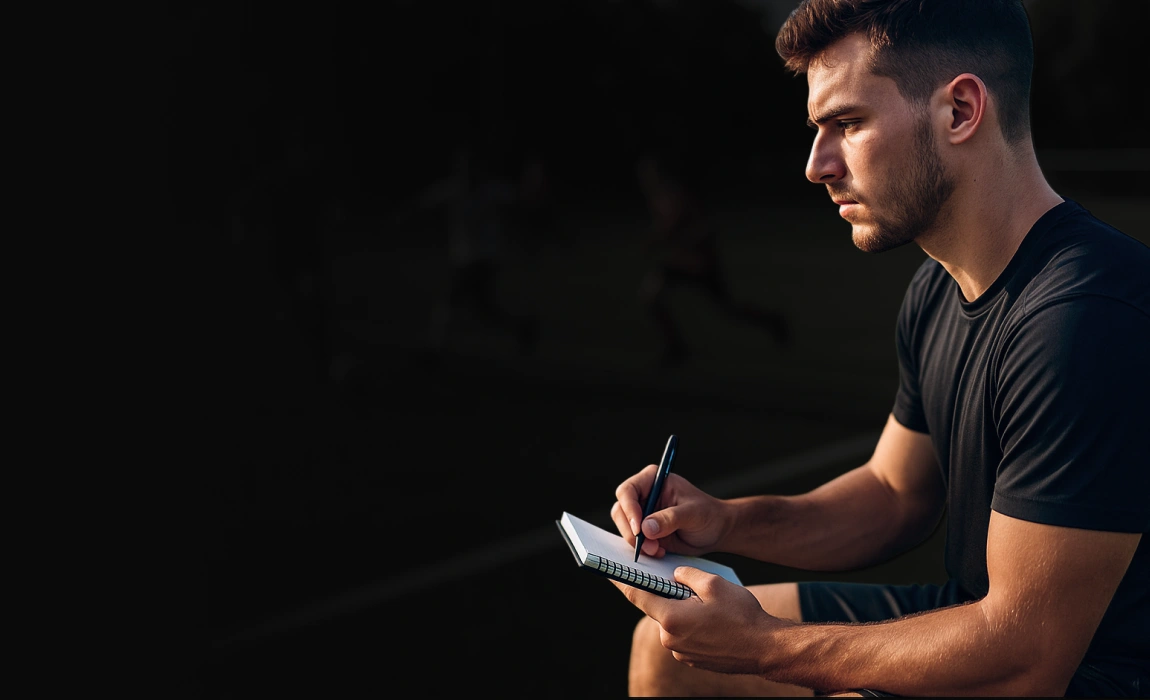 Giovane uomo con maglietta nera che prende appunti su un taccuino con una penna, concentrato e in posizione seduta.