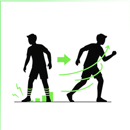 Illustrazione di due figure umane nere, la prima con il piede dolorante e linee verdi ondulate, la seconda che cammina con frecce verdi che indicano movimento e miglioramento.