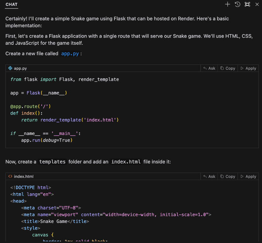 Cursor’s first output   showing a Python and HTML scrip for a Snake gam