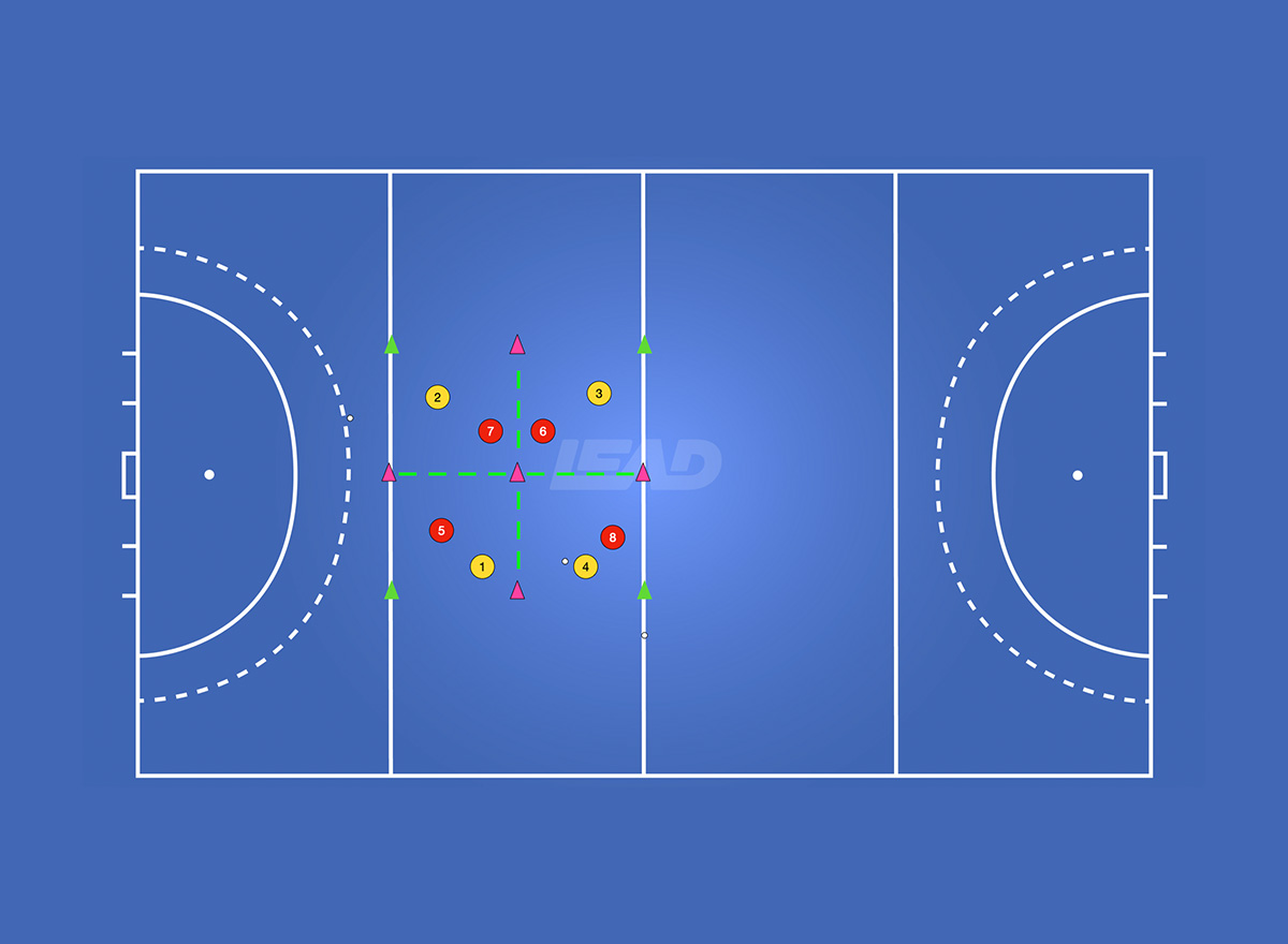 A drill setup on a blue hockey pitch canvas.