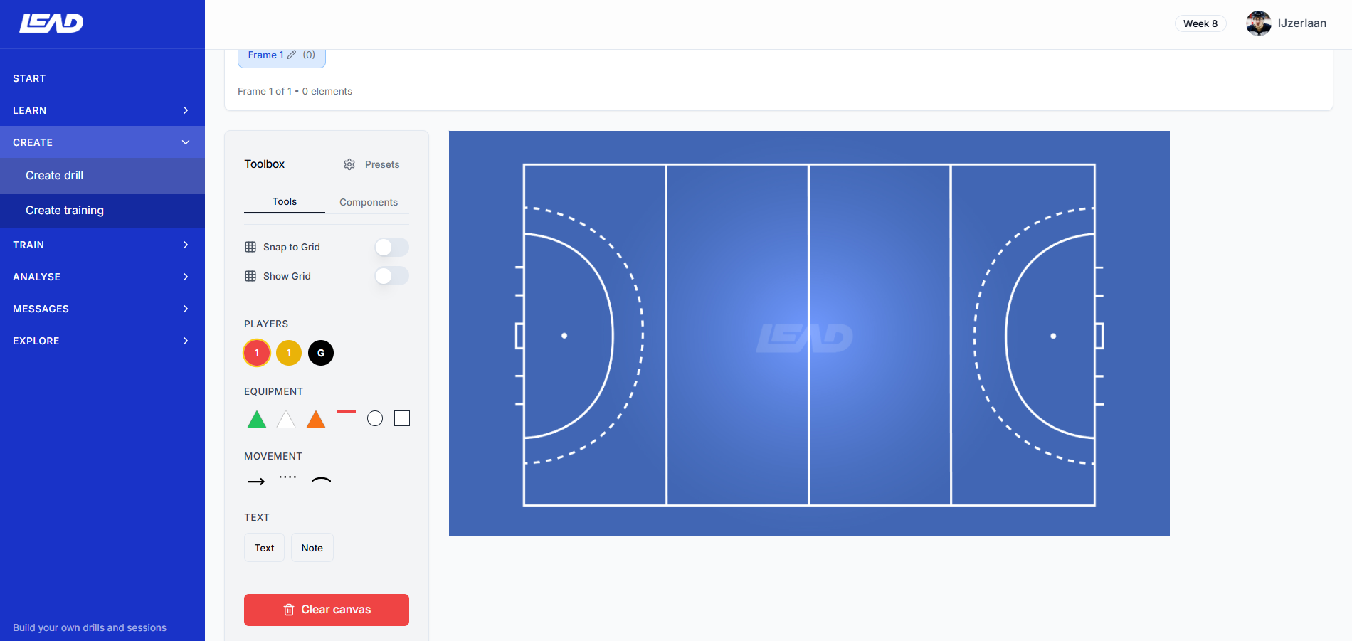 User interface of LEAD software showing the page with tools for creating drills and training sessions.
