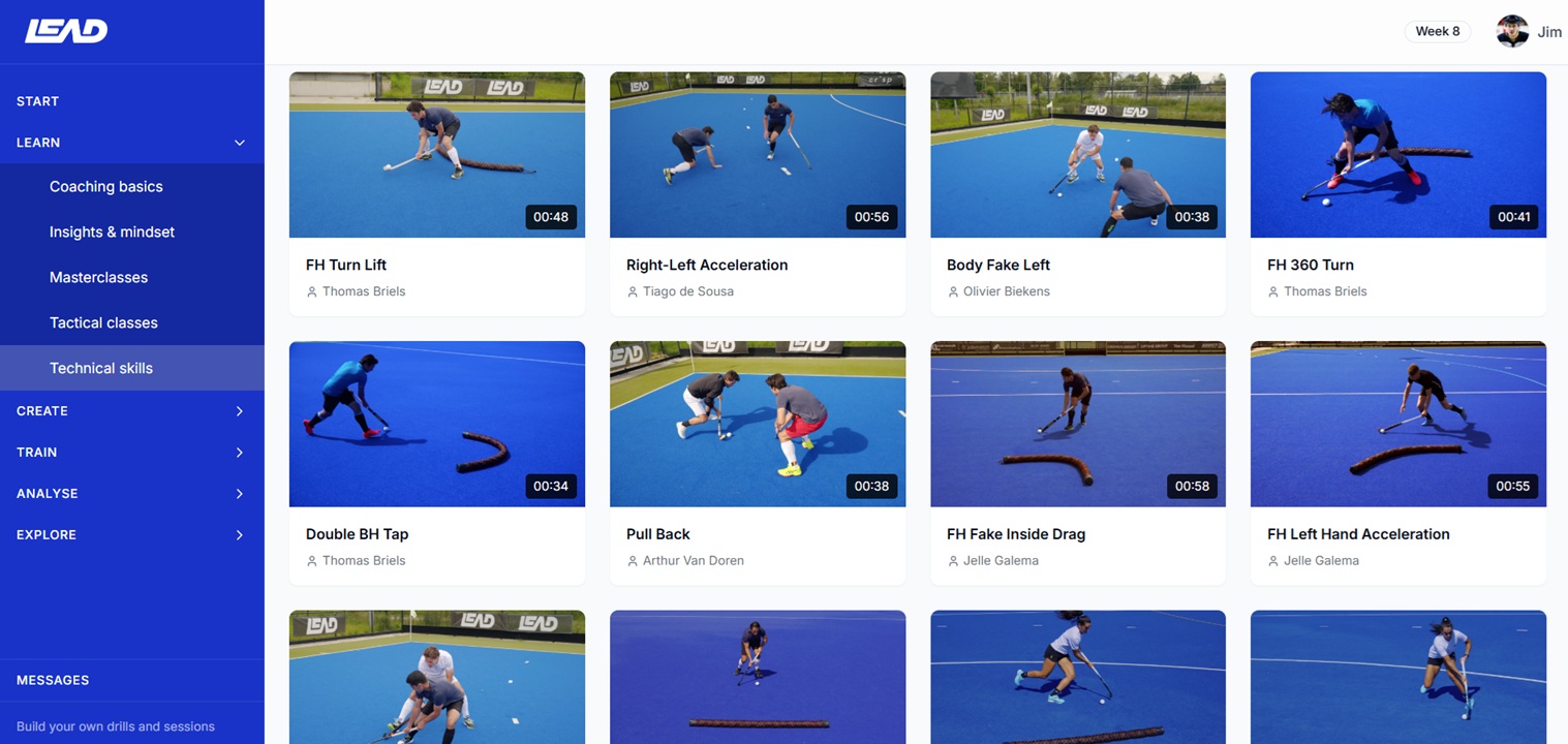 Platform screenshot showing hockey video tutorial thumbnails..