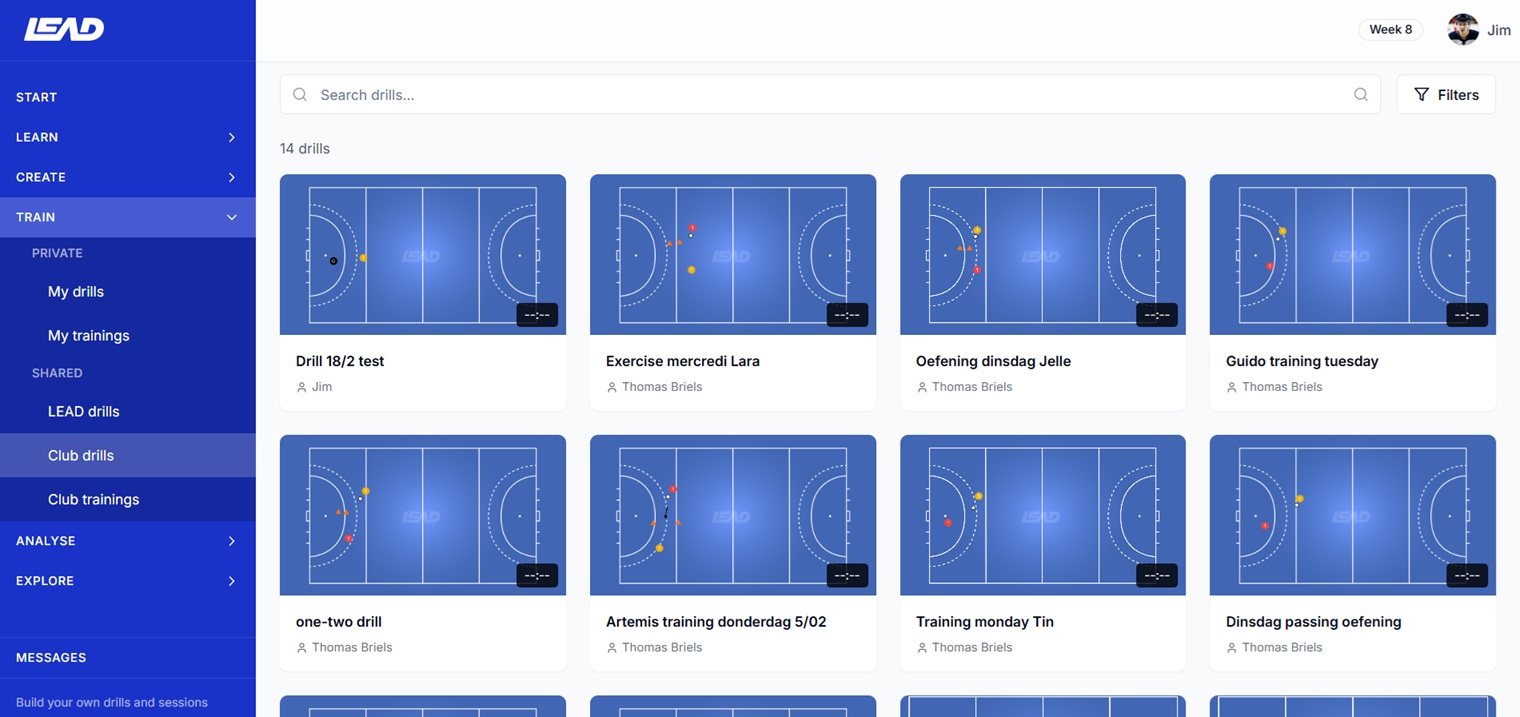 LEAD platform screenshot showing thumbnails of field hockey drills