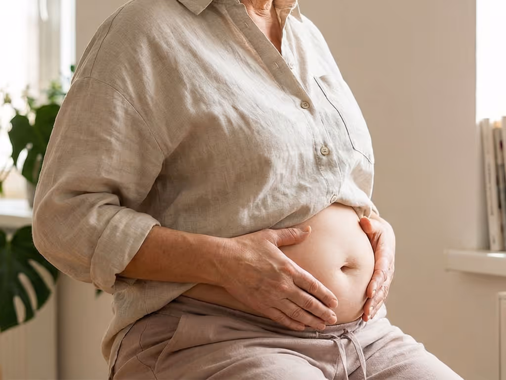 Ältere Frau mit beige Hemd hält ihre Hände auf ihrem sichtbaren Bauch im Sitzen.