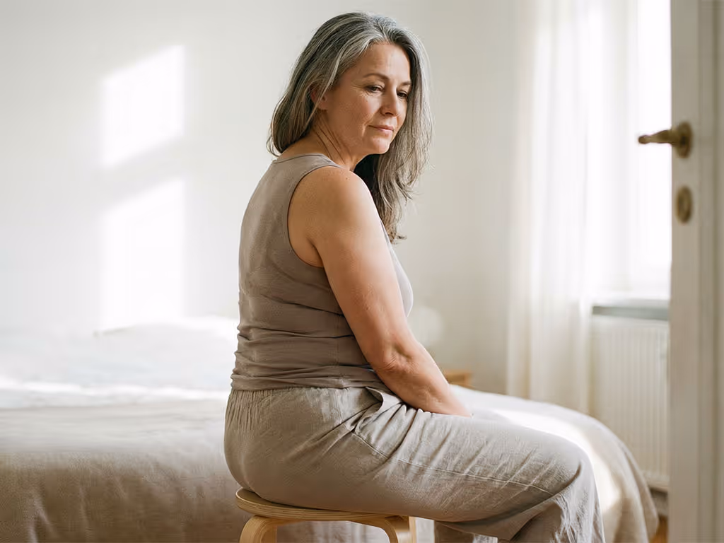 Nachdenkliche ältere Frau mit grauen Haaren sitzt auf einem Holzstuhl im Schlafzimmer neben dem Bett.
