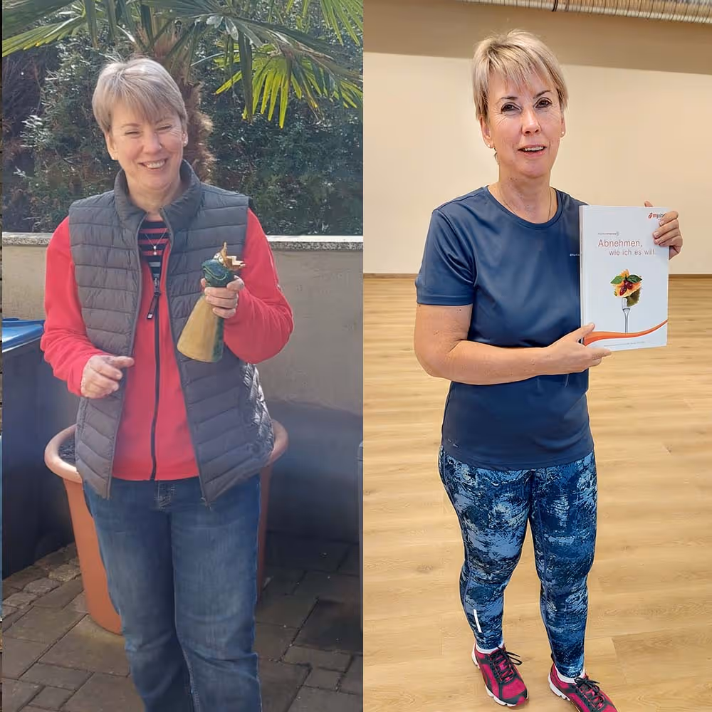 Links Frau mit kurzem blondem Haar in rotem Pullover und grauer Weste hält eine Figur, rechts dieselbe Frau in Sportkleidung hält ein Buch mit dem Titel ‚Abnehmen, wie ich es will‘.
