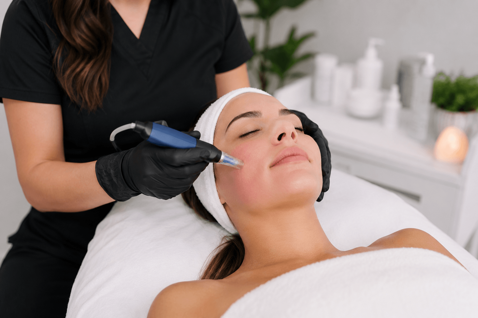 Patient receiving SkinPen Microneedling treatment for acne scars and skin rejuvenation in Draper, Utah at The True Medical Spa.