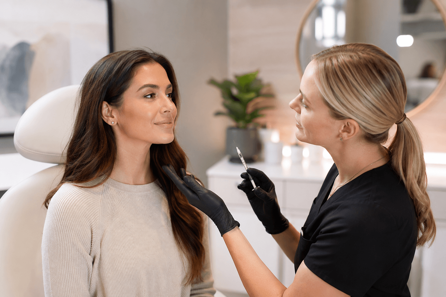 Woman consulting with a provider about Dysport treatment in Draper, Utah before receiving wrinkle-relaxing neurotoxin injections.
