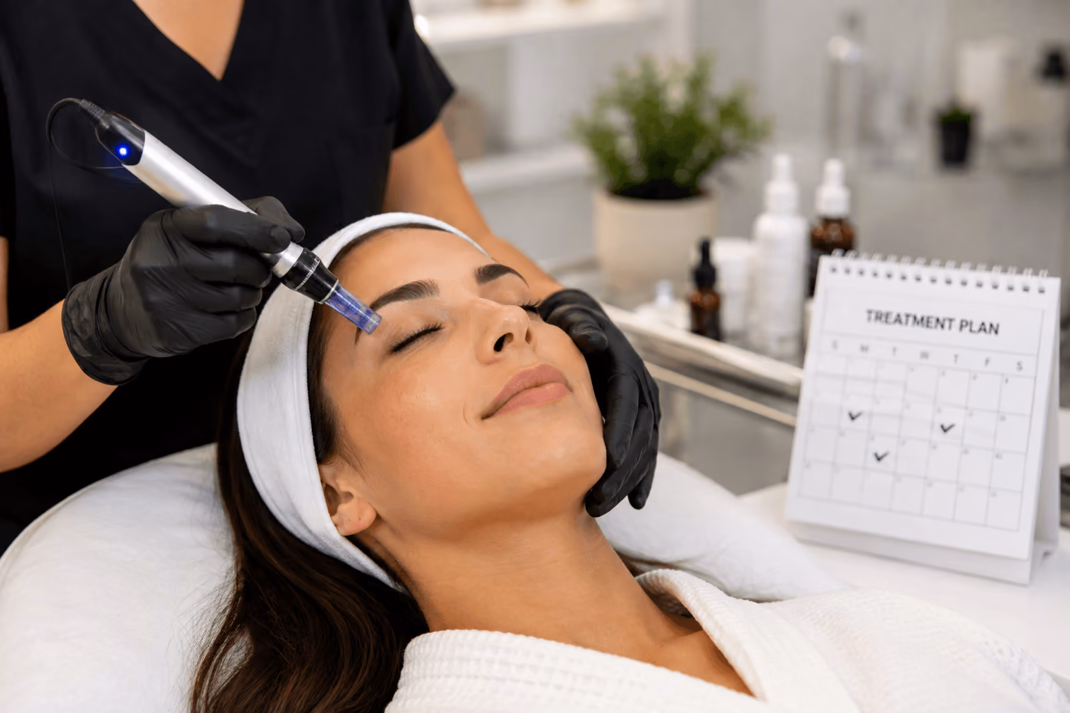 Esthetician performing a microneedling treatment on a client's cheek at a medical spa in Draper, Utah