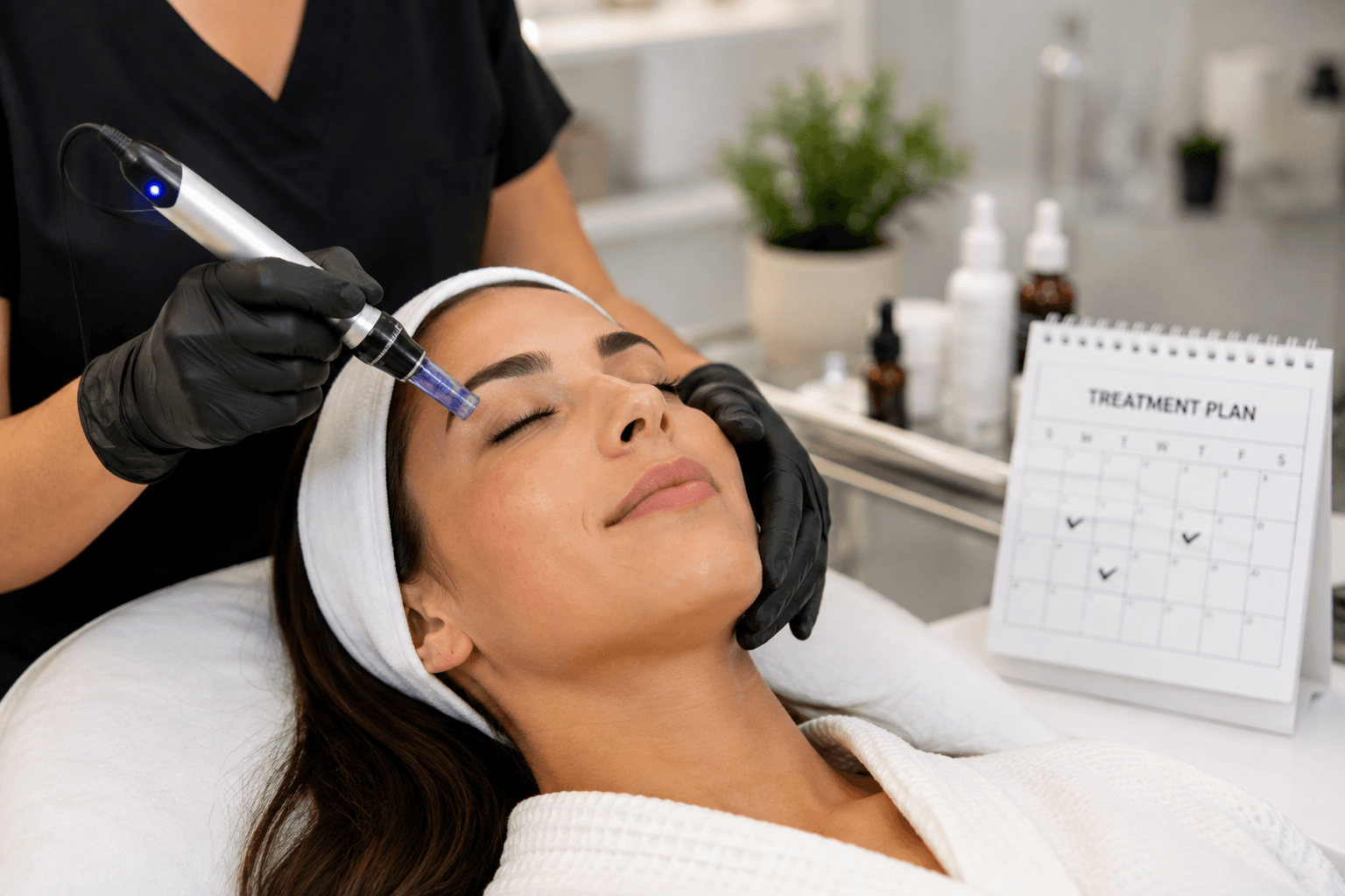 Esthetician performing a microneedling treatment on a client's cheek at a medical spa in Draper, Utah