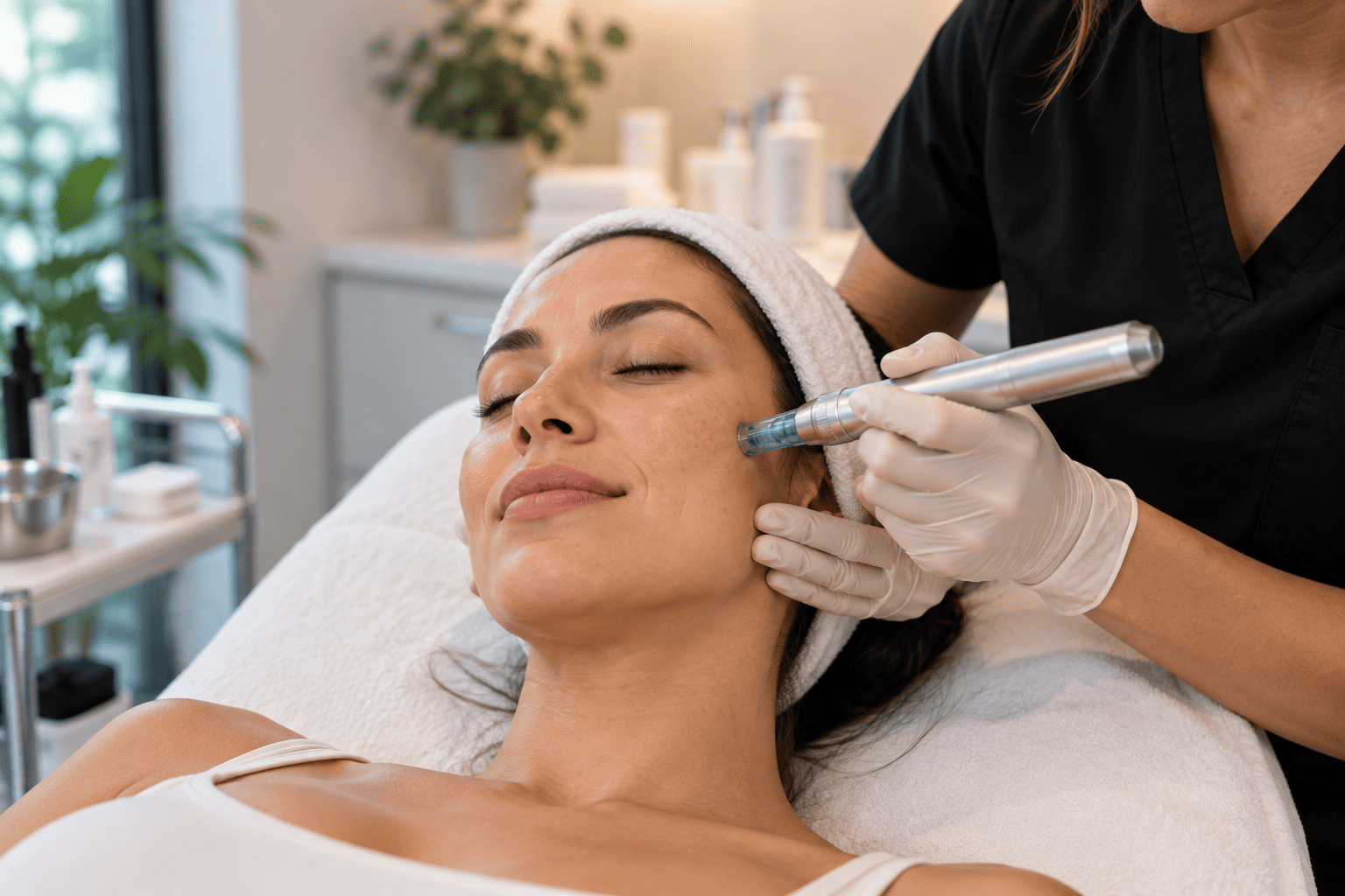 Esthetician performing SkinPen microneedling treatment on a client's cheek at a med spa in Draper, Utah