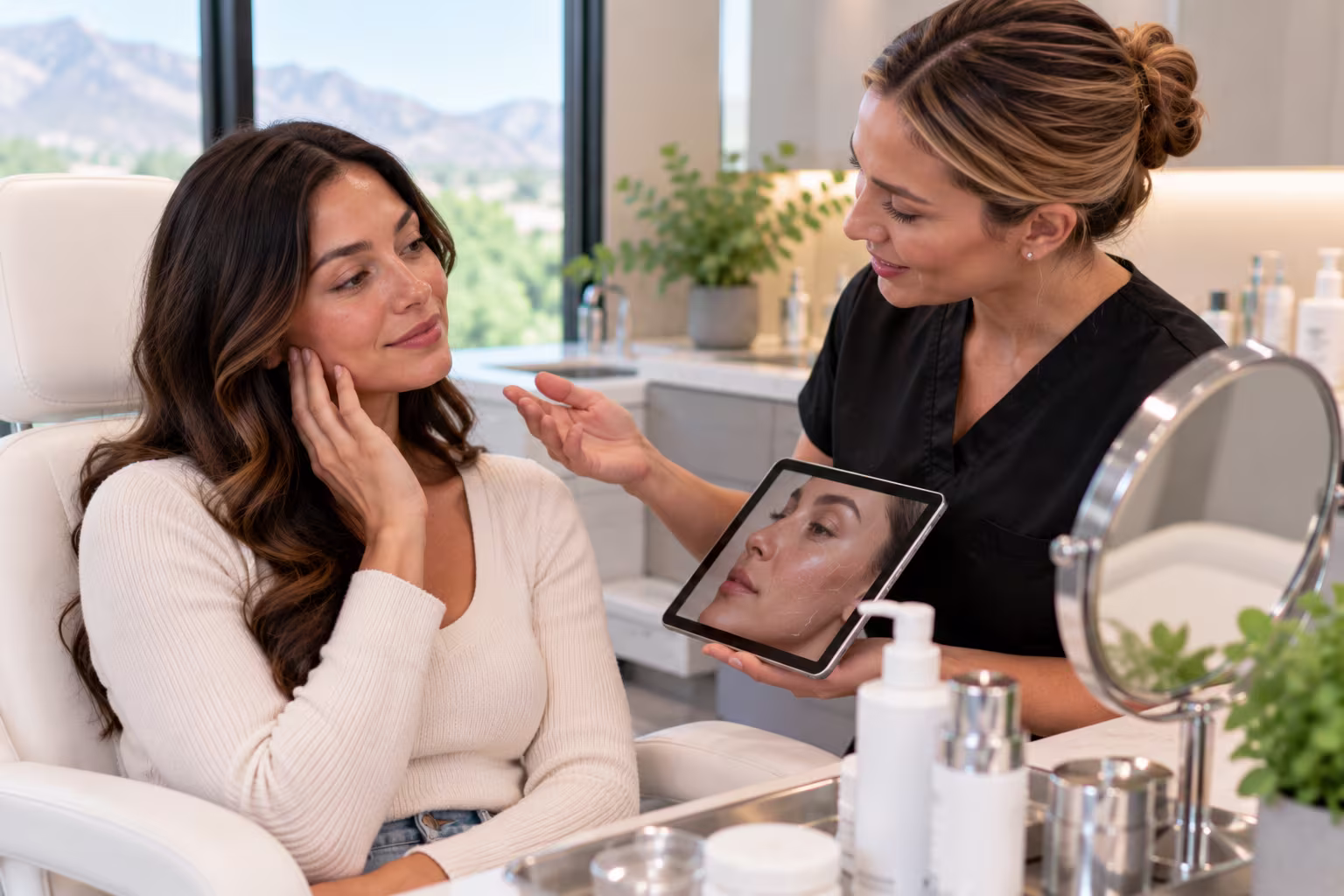 Esthetician performing SkinPen microneedling treatment on a client's face at a med spa in Draper, Utah