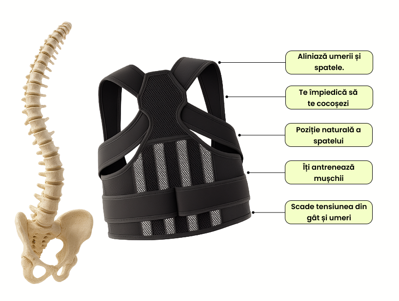 Vestă neagră corector de postură, cu bretele la spate, lângă o ilustrație a coloanei vertebrale și a bazinului uman, cu beneficii inscripționate în limba română, care descriu alinierea, antrenarea mușchilor și reducerea tensiunii.