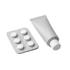 Blister cu șase pastile rotunde albe, lângă un tub mic alb cu capac înfiletat, pe fundal alb.