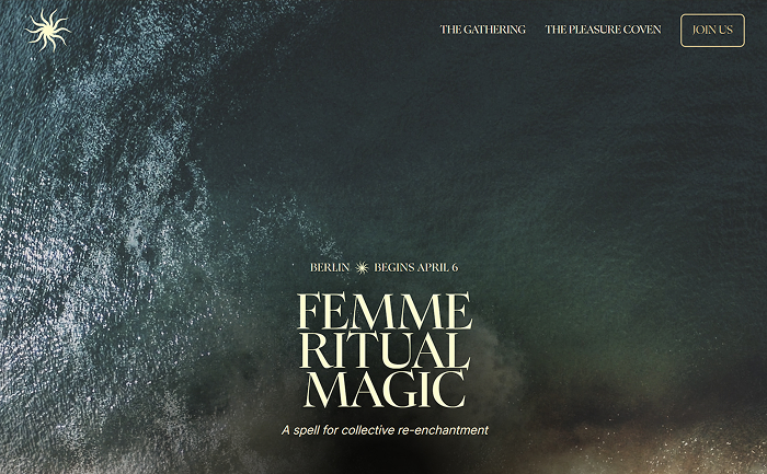 Dark aerial view of ocean waves with text promoting 'Femme Ritual Magic' event in Berlin starting April 6.