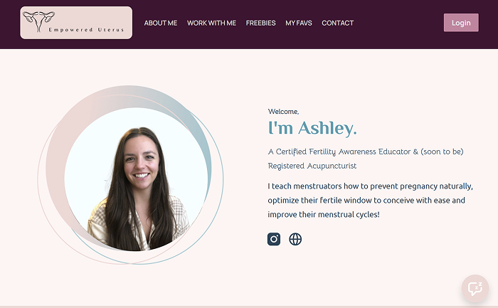 Smiling woman with long brown hair in a circular frame next to text introducing Ashley, a Certified Fertility Awareness Educator and soon-to-be Registered Acupuncturist.