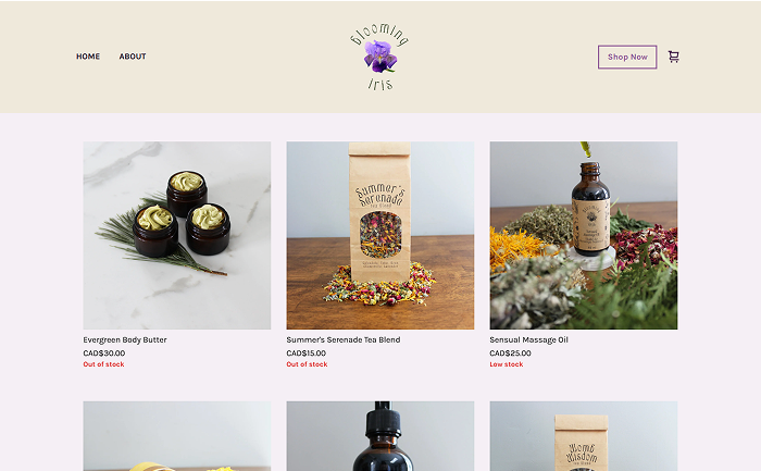 Online store homepage showing natural skincare and wellness products including body butter, tea blend, and massage oil, with prices and stock status.