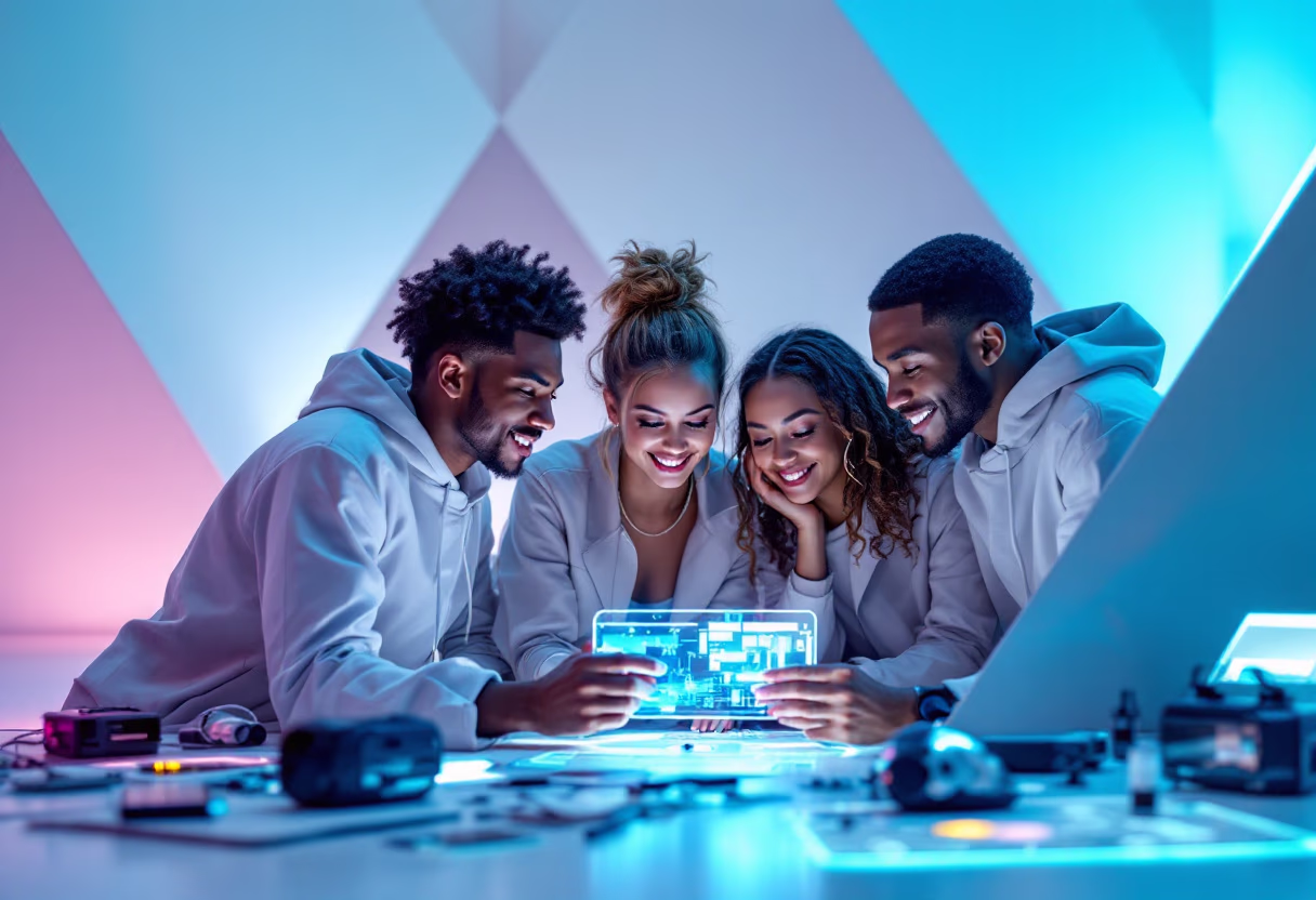 image of students working on a collaborative project in an open courtyard