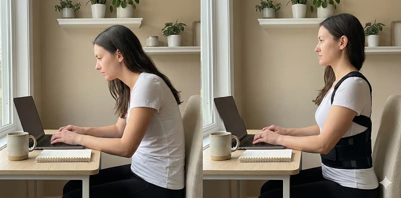 Femeie cu hanorac roșu și părul prins în coc, făcând un selfie în oglindă care arată din față și din spate un corector de postură negru purtat peste hanorac.