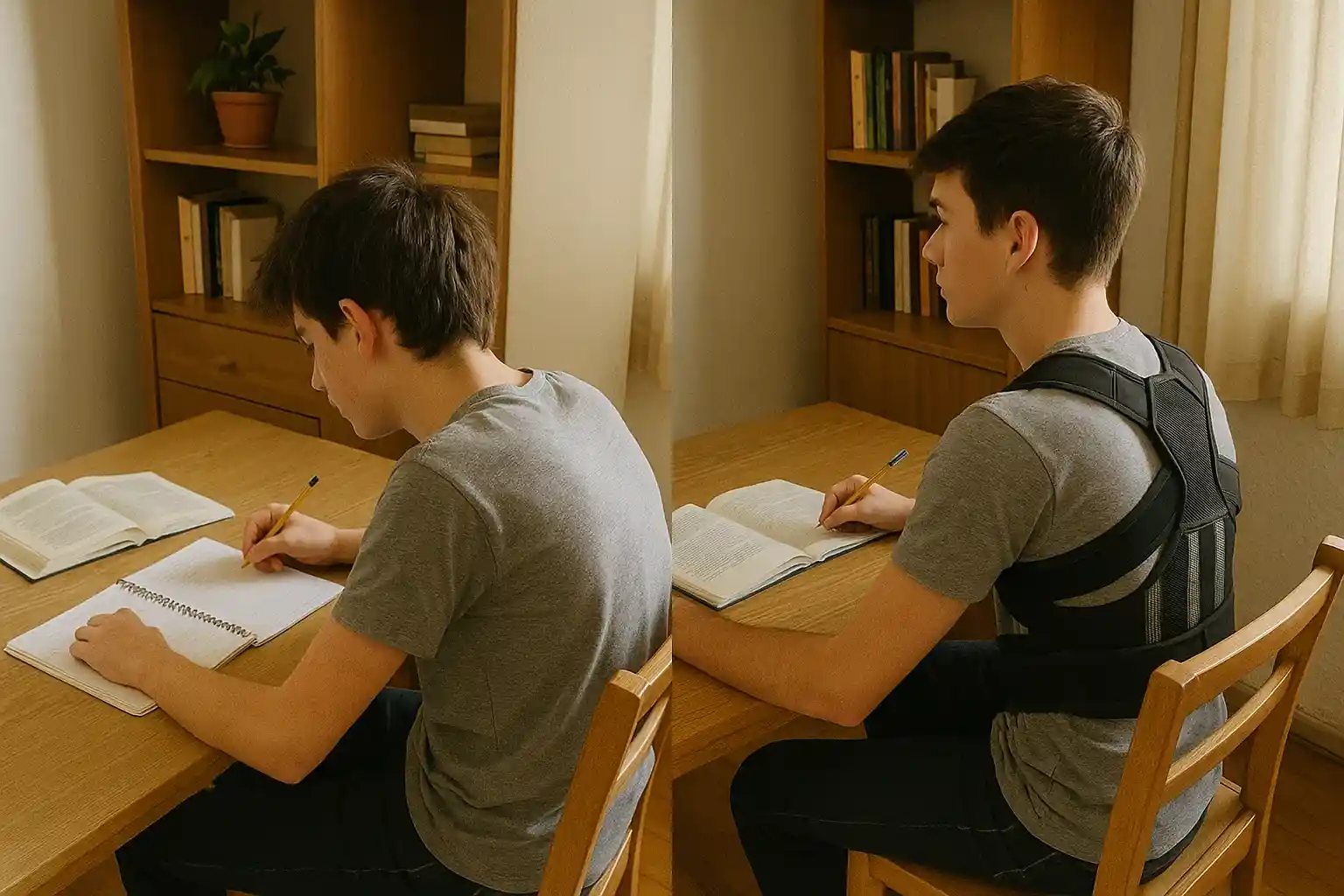 Femeie cu hanorac roșu și părul prins în coc, făcând un selfie în oglindă care arată din față și din spate un corector de postură negru purtat peste hanorac.