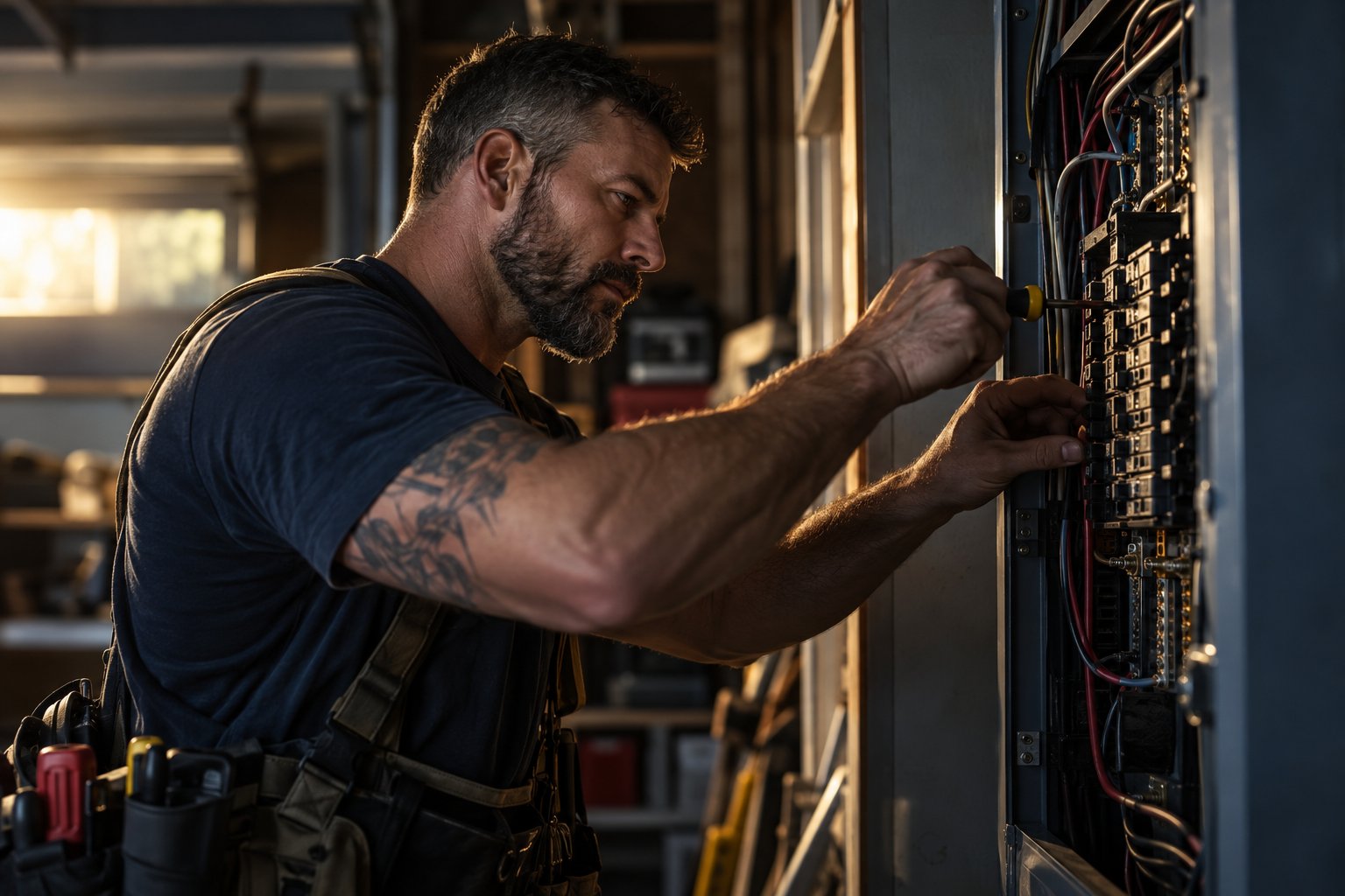 A U.S. military veteran working as a licensed electrician working at a residential electrical panel