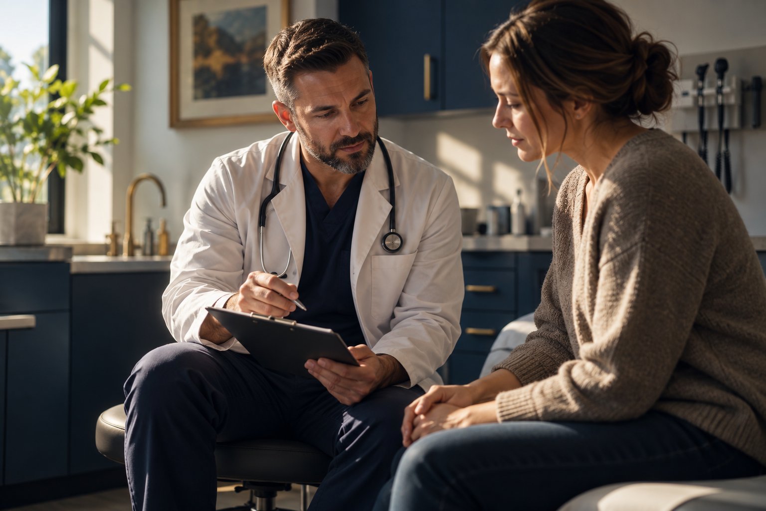 A U.S. military veteran working as a family physician in a bright modern exam room reviewing a chart with a patient