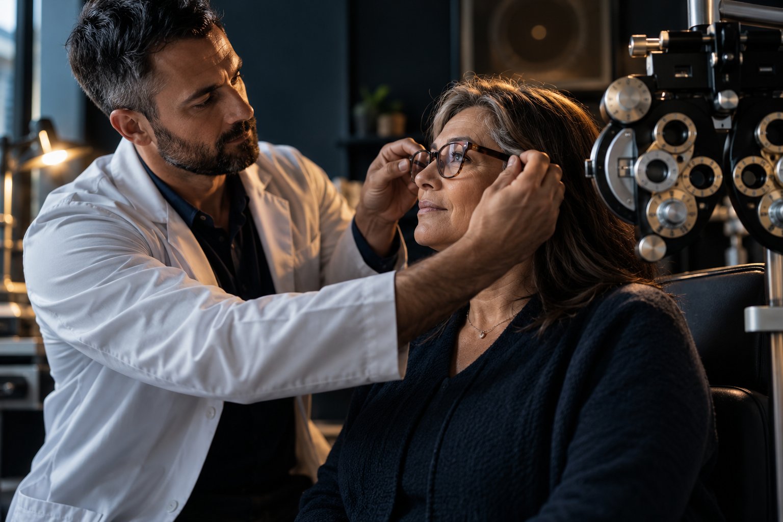 A U.S. military veteran working as an optometrist fitting eyeglass frames on a patient beside a phoropter