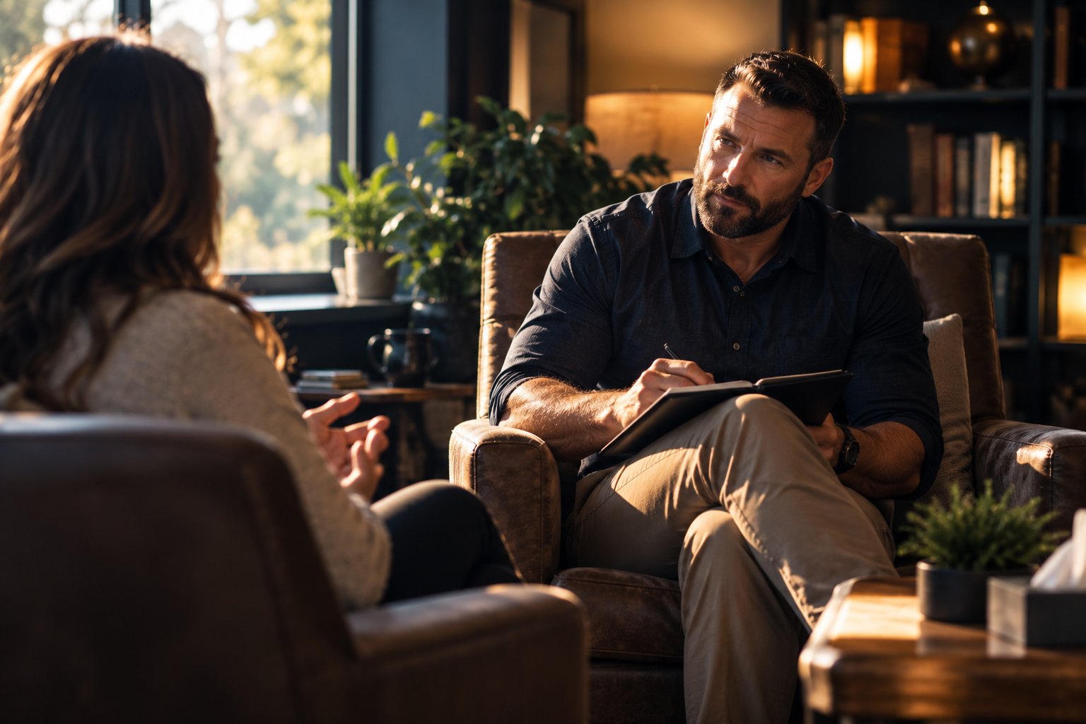 A U.S. military veteran working as a counselor listening in a warm private office with two armchairs and soft window light