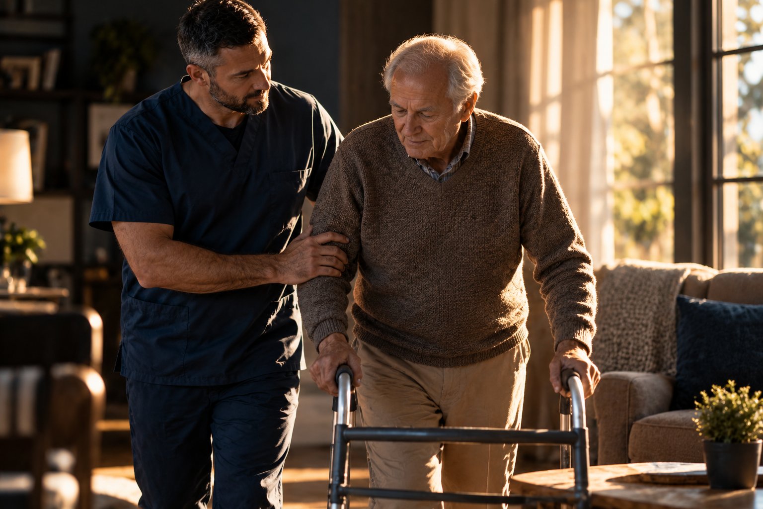 A U.S. military veteran working as a home health aide helping an elderly man walk across his sunlit living room