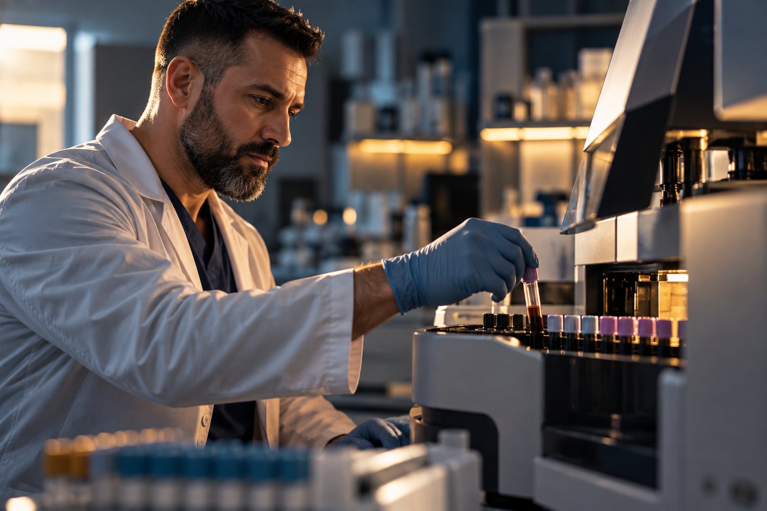 A U.S. military veteran working as a lab technician loading sample vials into an analyzer in a clinical laboratory