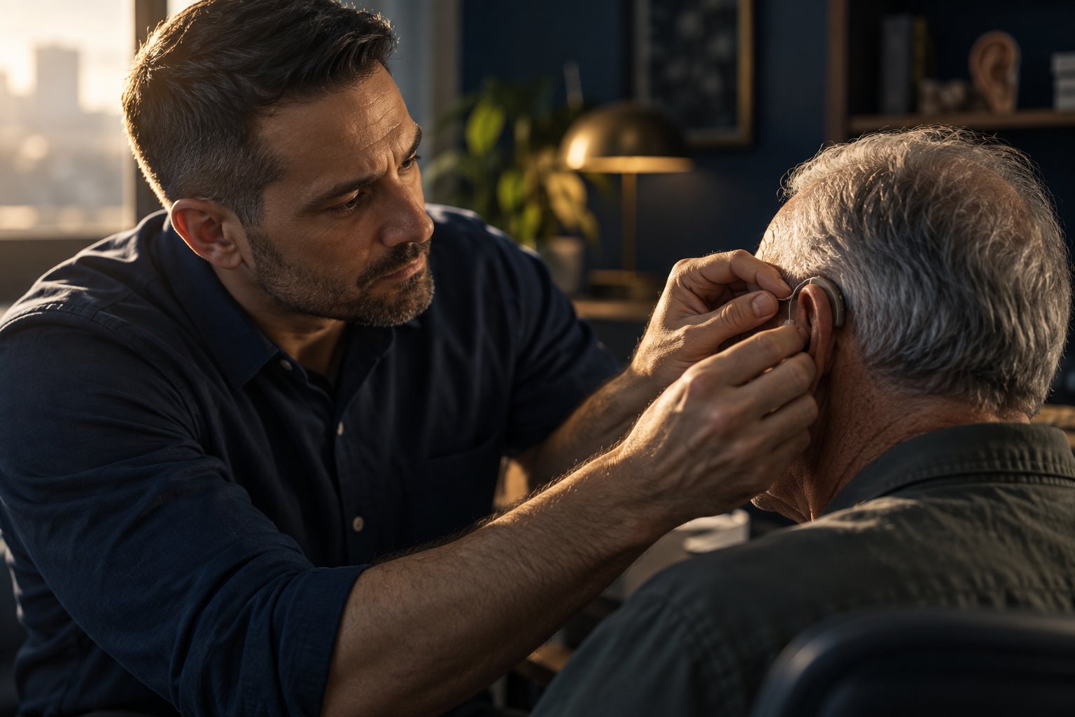A U.S. military veteran working as an audiologist fitting a small hearing aid behind an older client's ear
