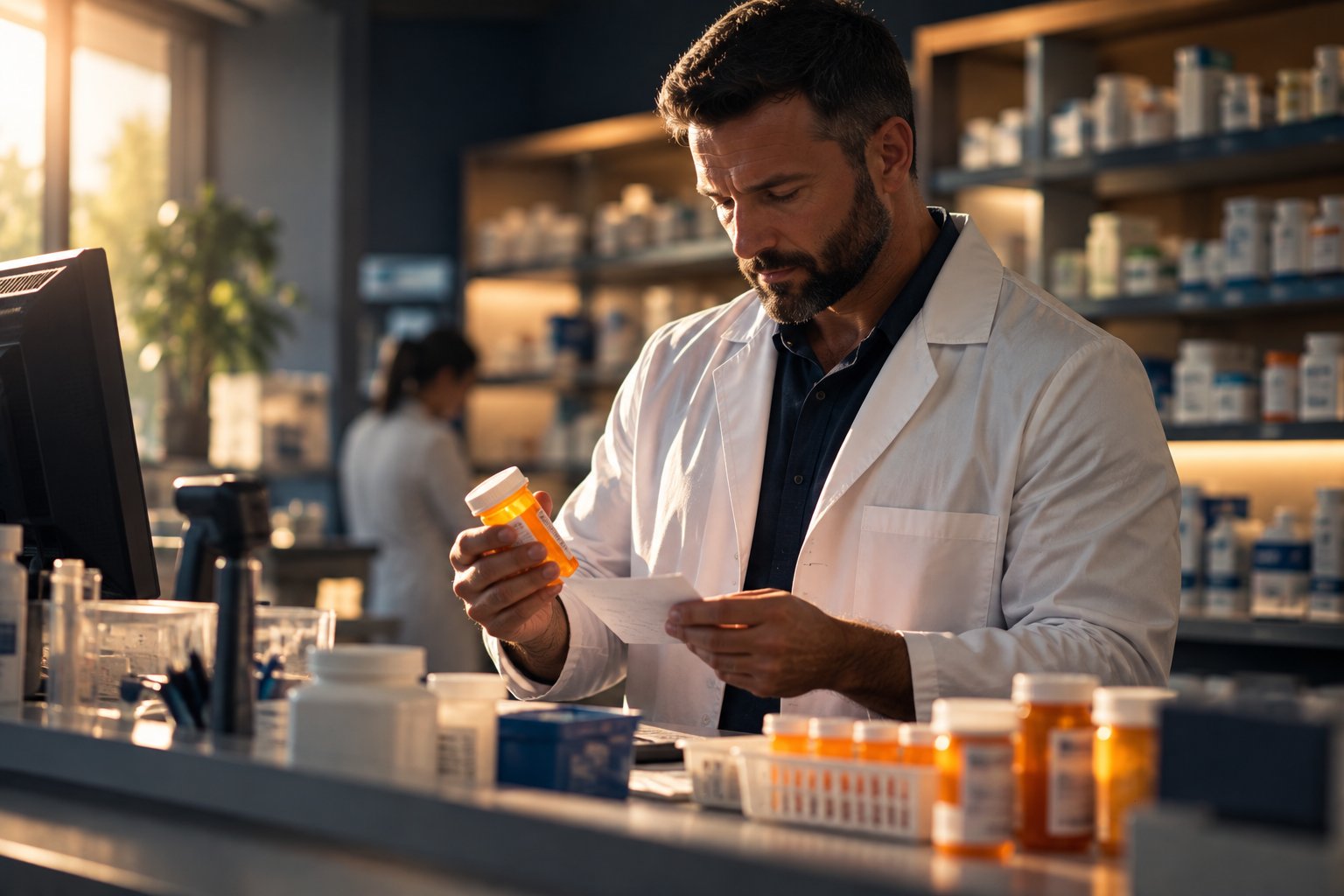 A U.S. military veteran working as a pharmacist checking a prescription behind the counter of a neighborhood pharmacy