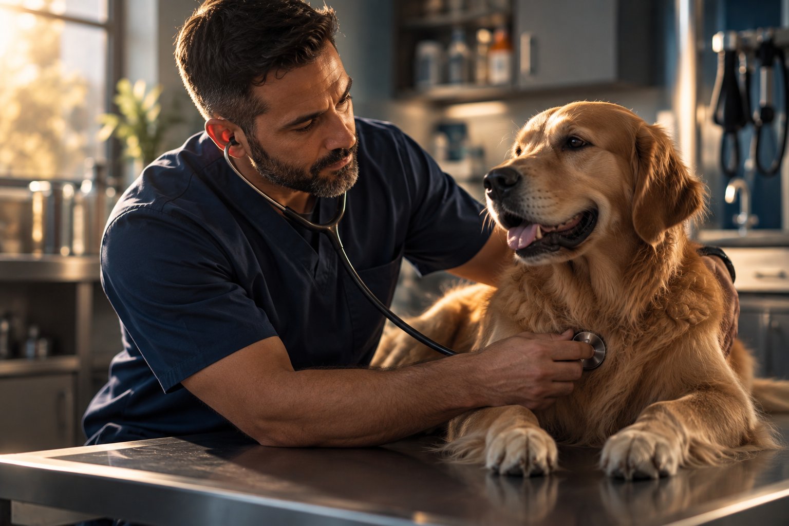 A U.S. military veteran working as a veterinarian examining a golden retriever on a stainless steel clinic table