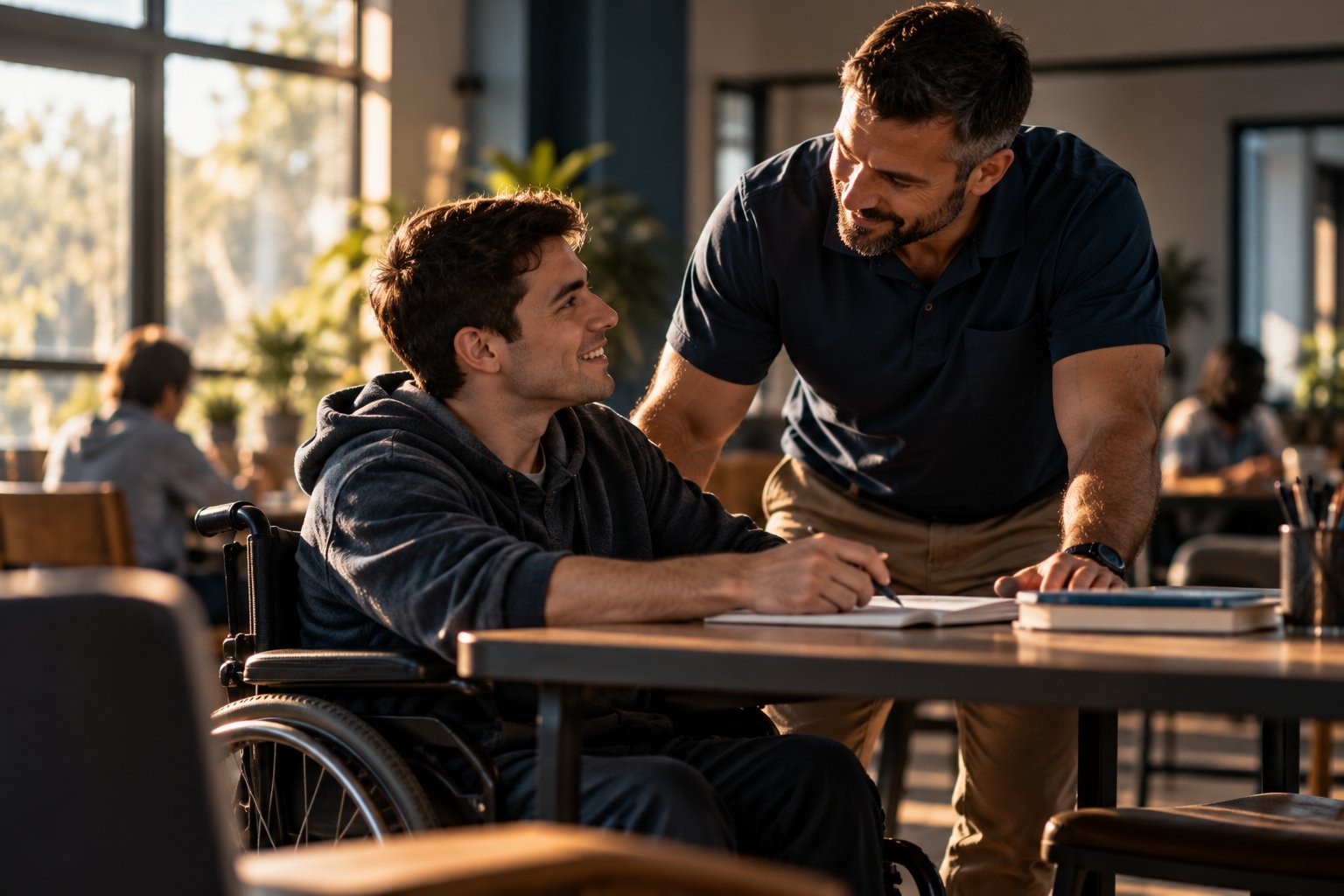 A U.S. military veteran working as a support worker helping a young adult in a wheelchair at a community center table