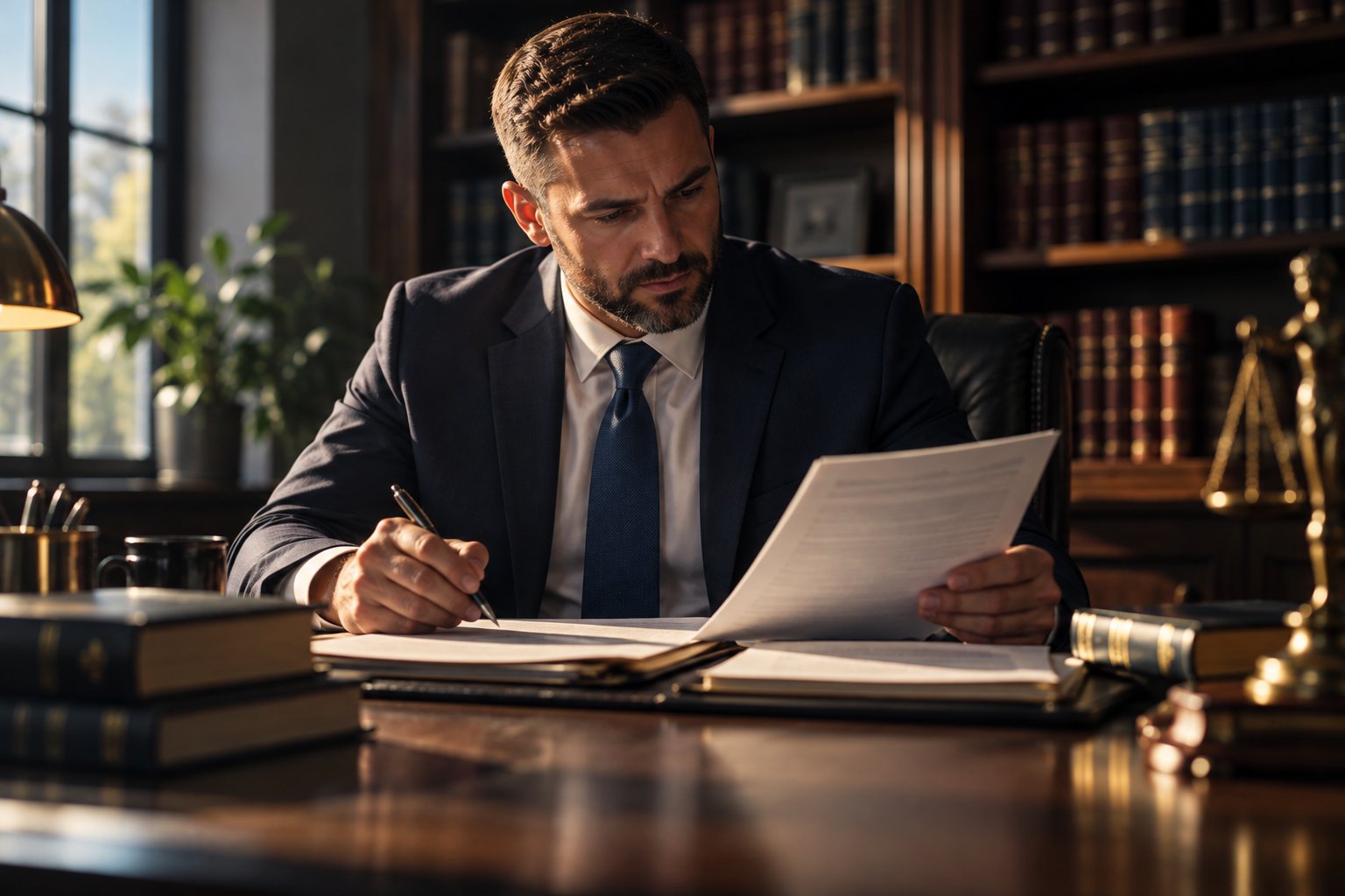 A U.S. military veteran working as an attorney reviewing documents at a heavy wooden desk in a law office lined with books