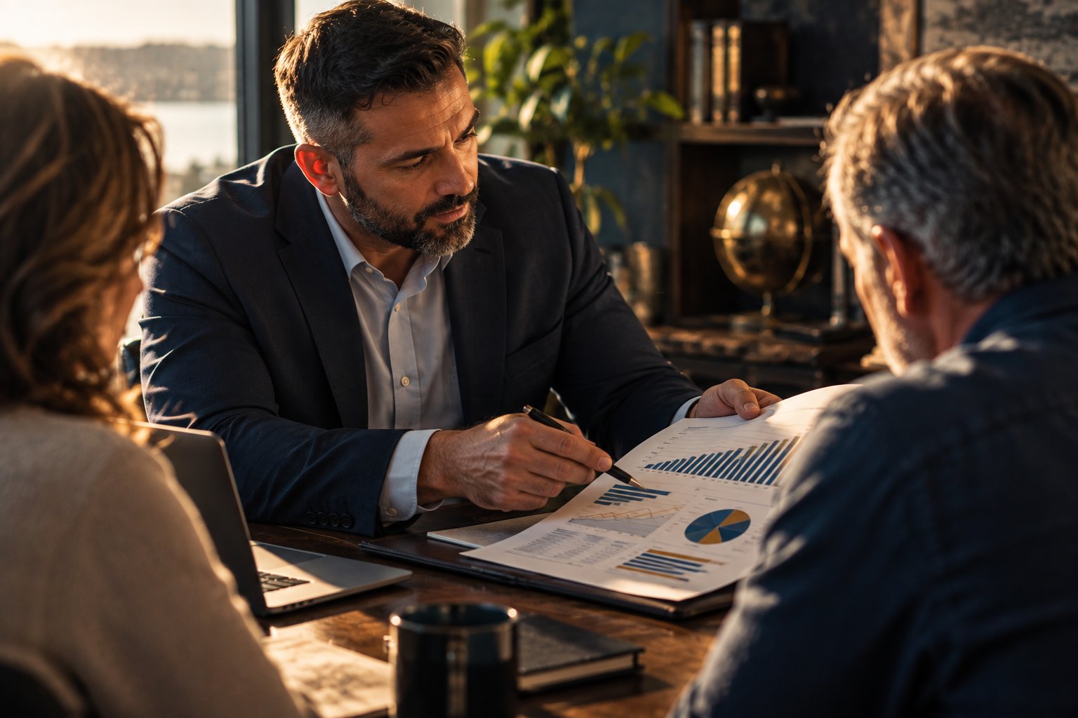 A U.S. military veteran working as a financial advisor explaining a printed portfolio chart to a couple across a desk