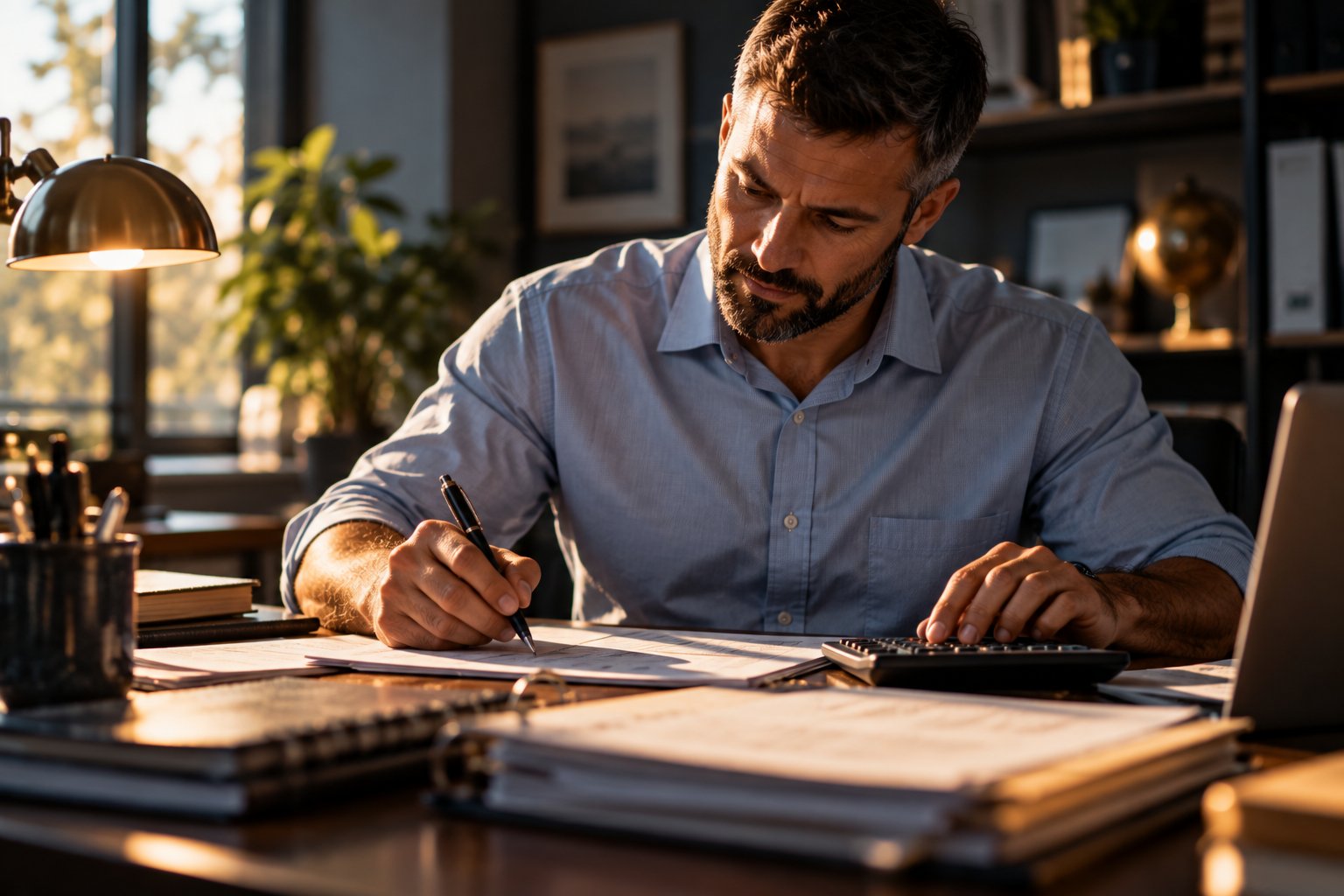 A U.S. military veteran working as an accountant working through ledgers and a calculator at a tidy office desk