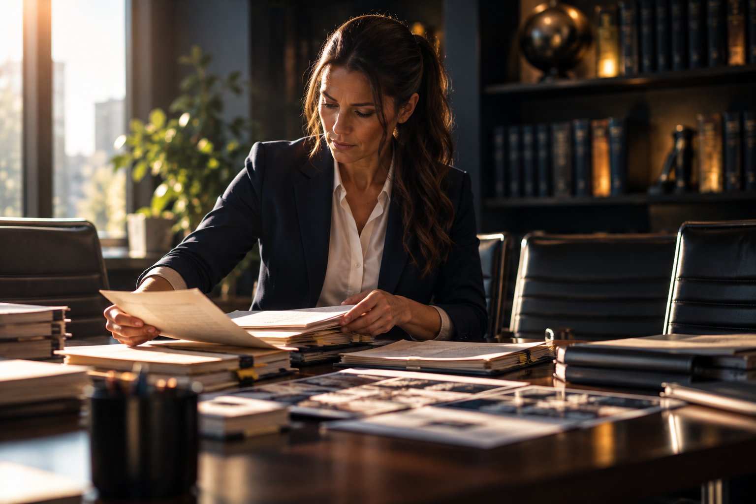 A U.S. military veteran working as a paralegal organizing case files and exhibits on a long conference table