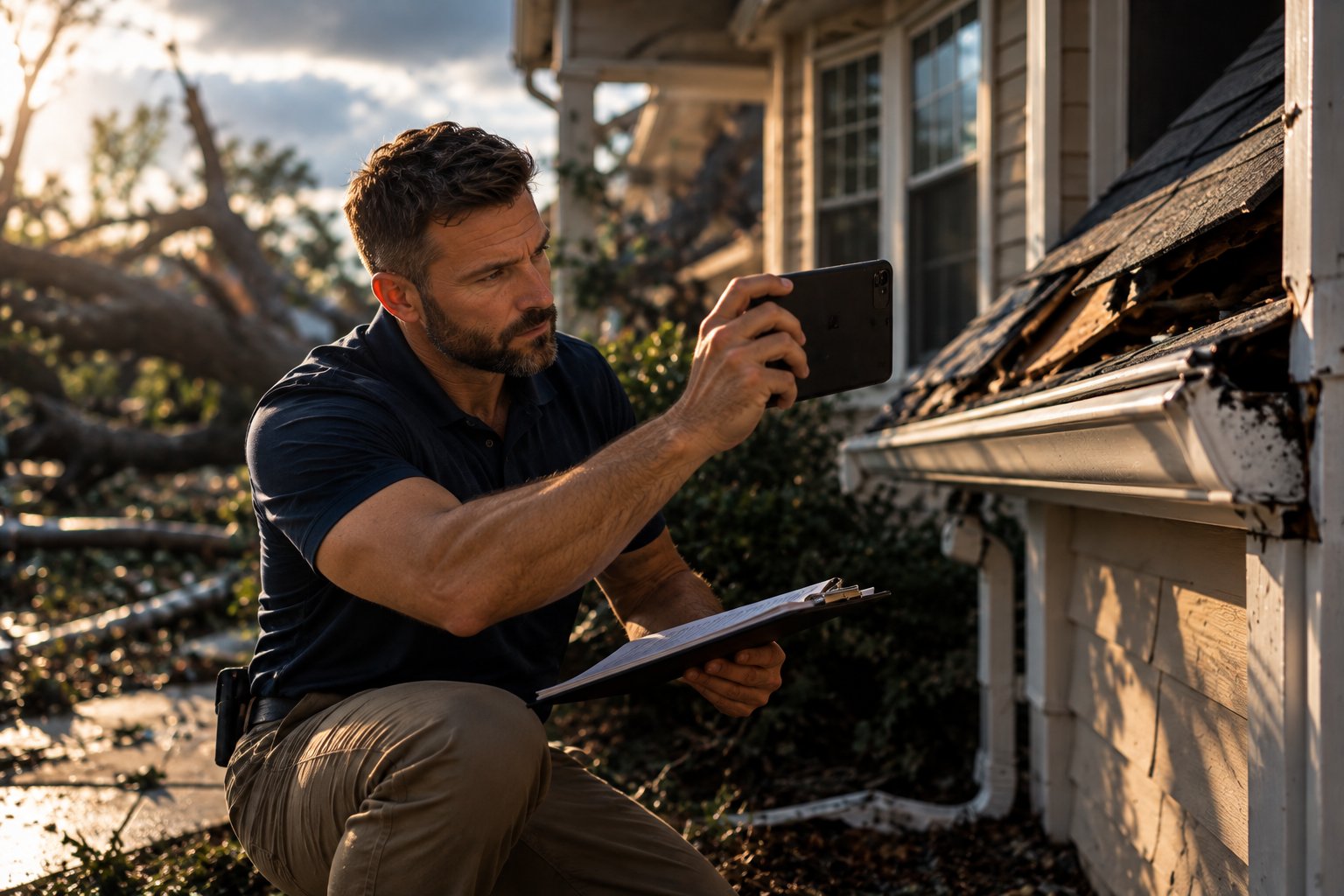 A U.S. military veteran working as an insurance agent photographing storm damage on a clipboard walkthrough of a house