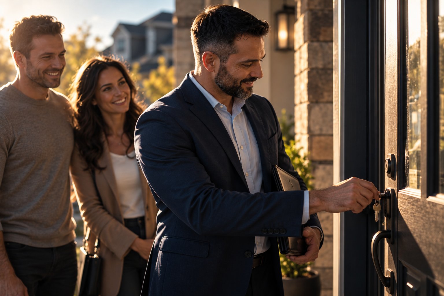 A U.S. military veteran working as a real estate agent unlocking the front door of a suburban home for buyers