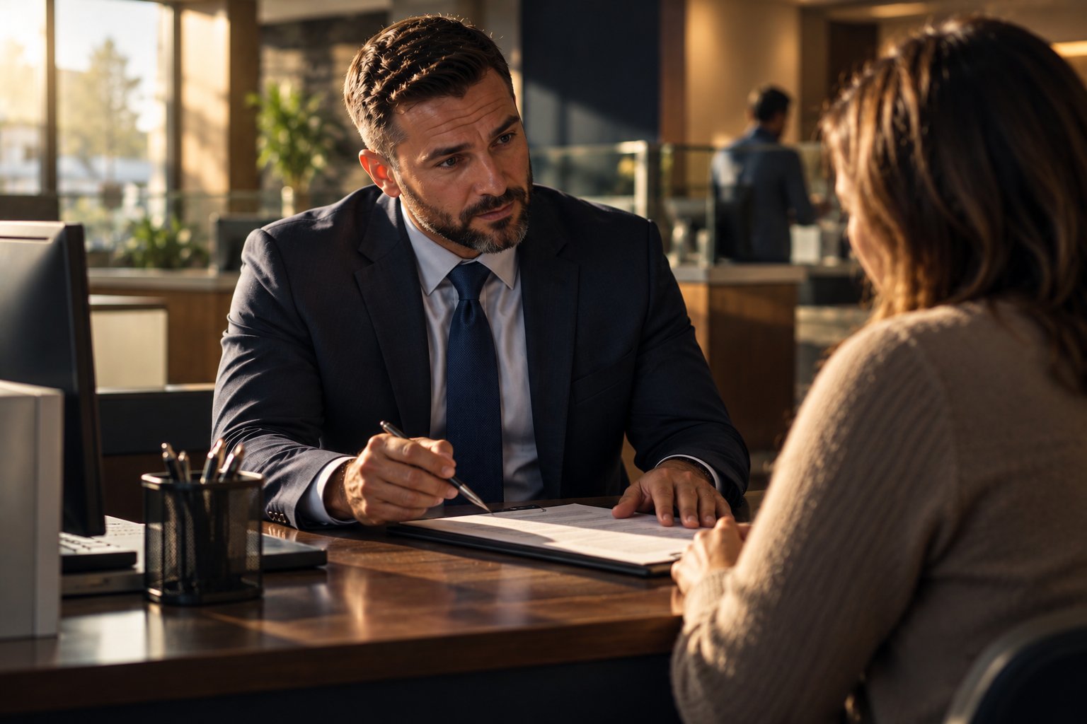A U.S. military veteran working as a bank branch officer helping a customer at a desk in a small credit union lobby